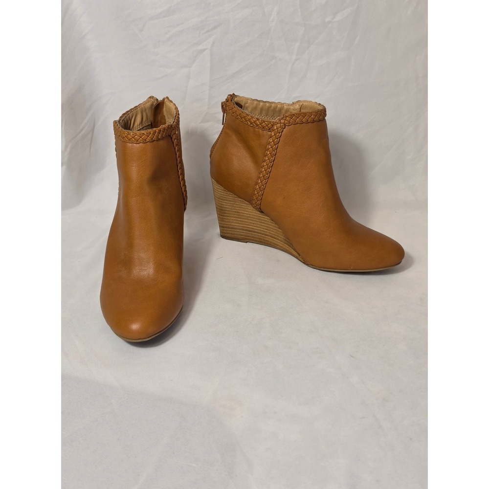 Cognac Brown Braided Trim Wedge Ankle Boots Back Zip Almond Toe Booties Size 9